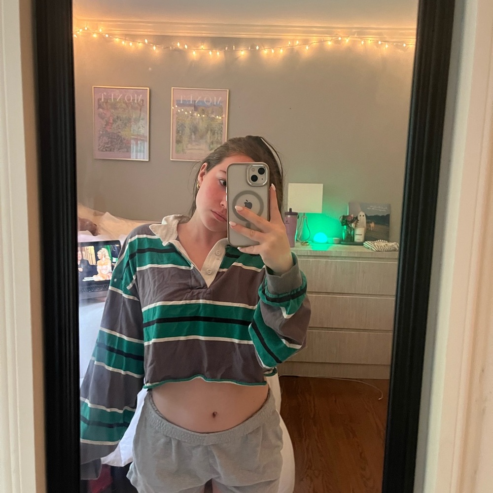 BDG Green and white striped cropped rugby long sleeve shirt